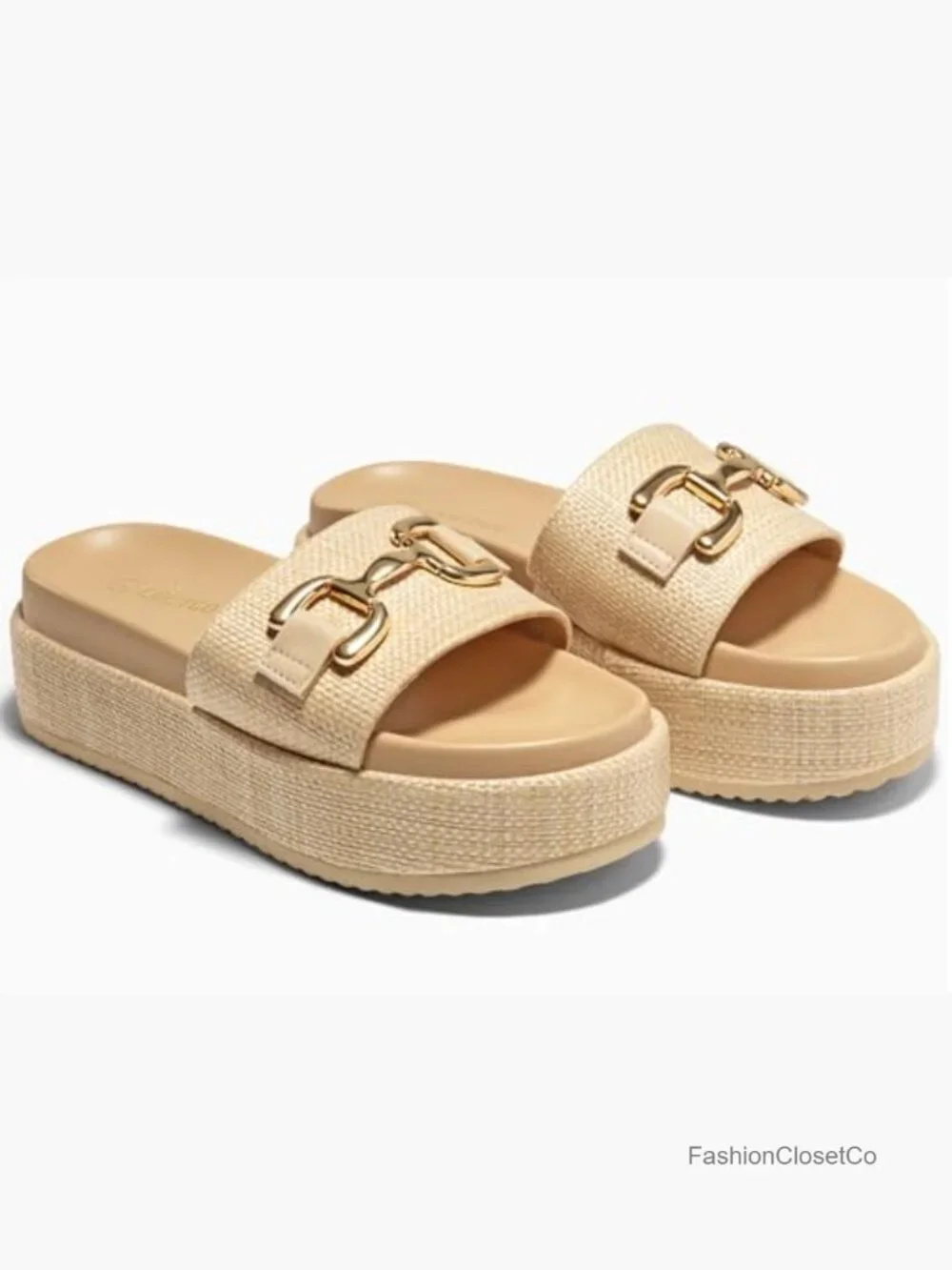 Raffia Espadrilles Platform Sandals with Metal Chain - Slip On Open Toe Summer